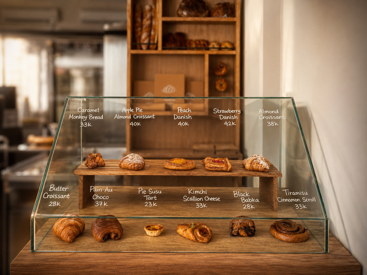 Fresh pastries in display case